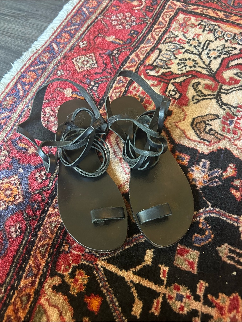 ATP Atelier Black Lace-Up Gladiator Flat Sandals with Toe Loop